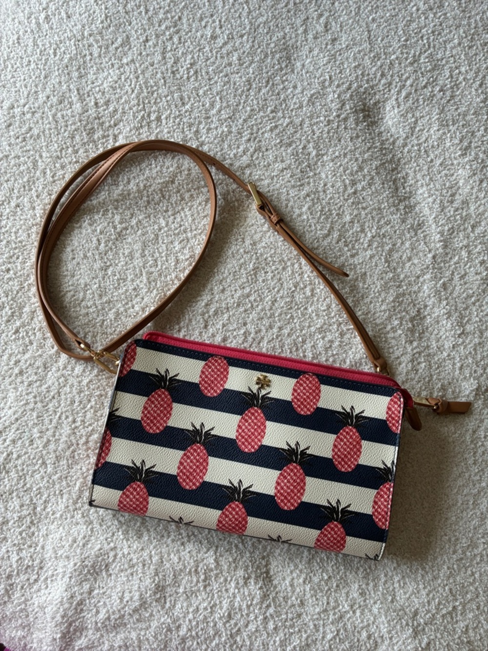 Tory Burch Striped Pineapple Crossbody Bag in Pink and Navy